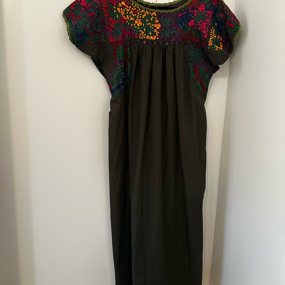 Colorful Mexican Embroidered Maxi Dress Olive Green - Picture 3 of 5